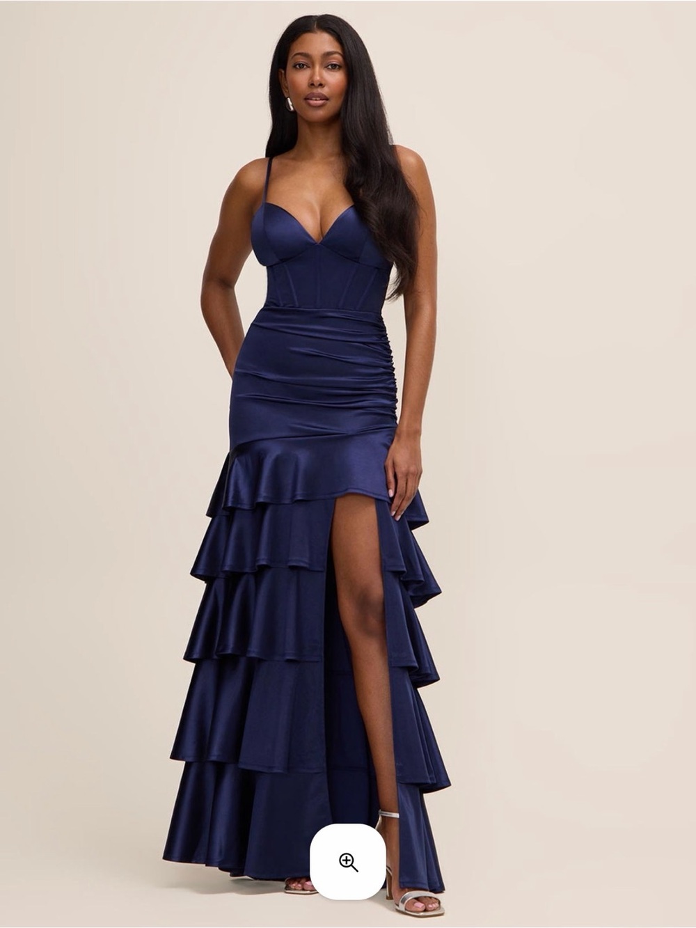 Le château Navy Satin Tiered Ruffle Gown with Thigh Slit